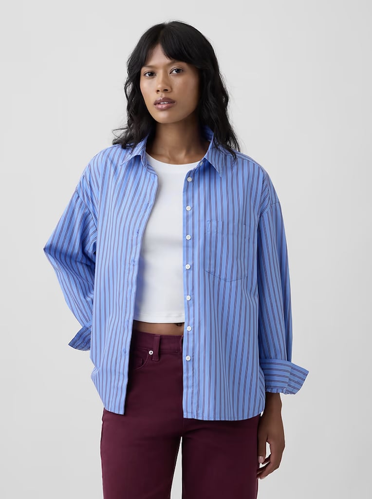 Gap Factory Oversized Shirt in Poplin ($36, originally $60)
Dressing for fall means relying on layers to stay comfortable through the many temperature fluctuations. One foolproof option? A boxy button-down. Mix and match up to 11 different colors and prints with this classic Gap style.