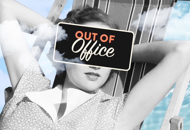 Woman laying in chair with out of office sign on her face.