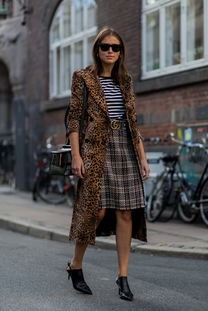 Style Your Striped Shirt With a Plaid Skirt and Leopard-Print Coat