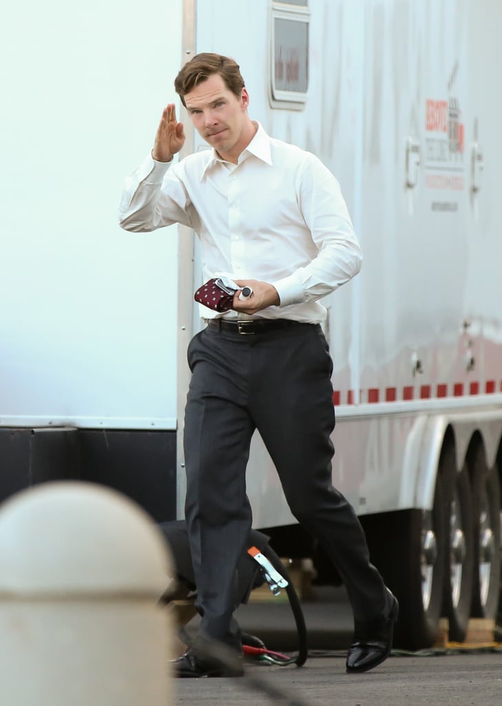Benedict Cumberbatch gave a little salute on the Boston set of Black Mass on Tuesday.