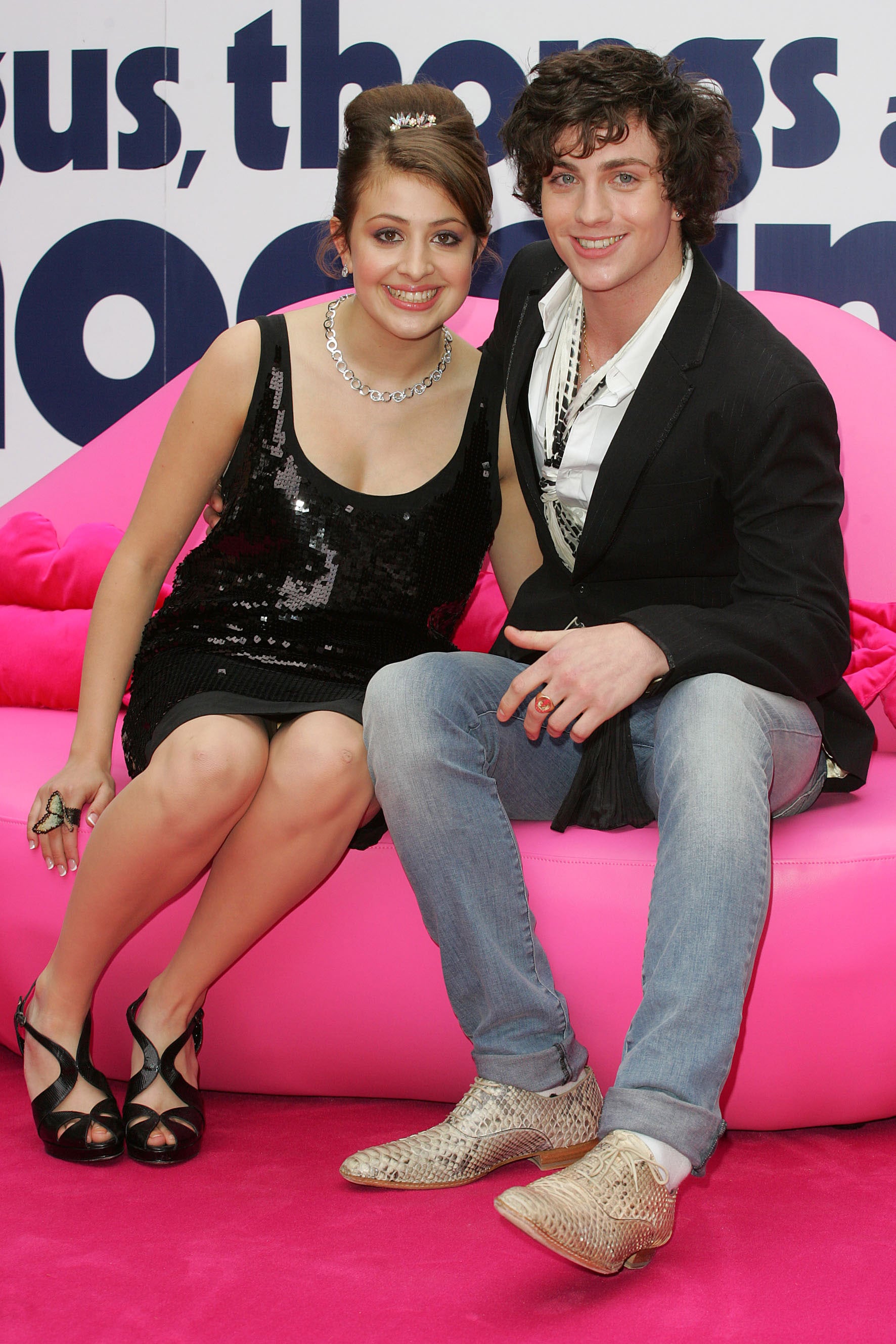 LONDON - JULY 16: Georgia Groome and Aaron Johnson  attend the UK premiere of Angus, Thongs and Perfect Snogging at The Empire Cinema, Leicester Square on July 16, 2008 in London, England. (Photo by Fred Duval/FilmMagic)