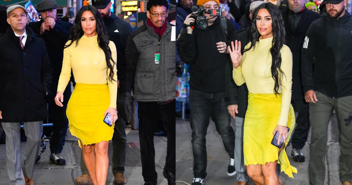 Kim Kardashian's Yellow Turtleneck and Suede Skirt in NYC