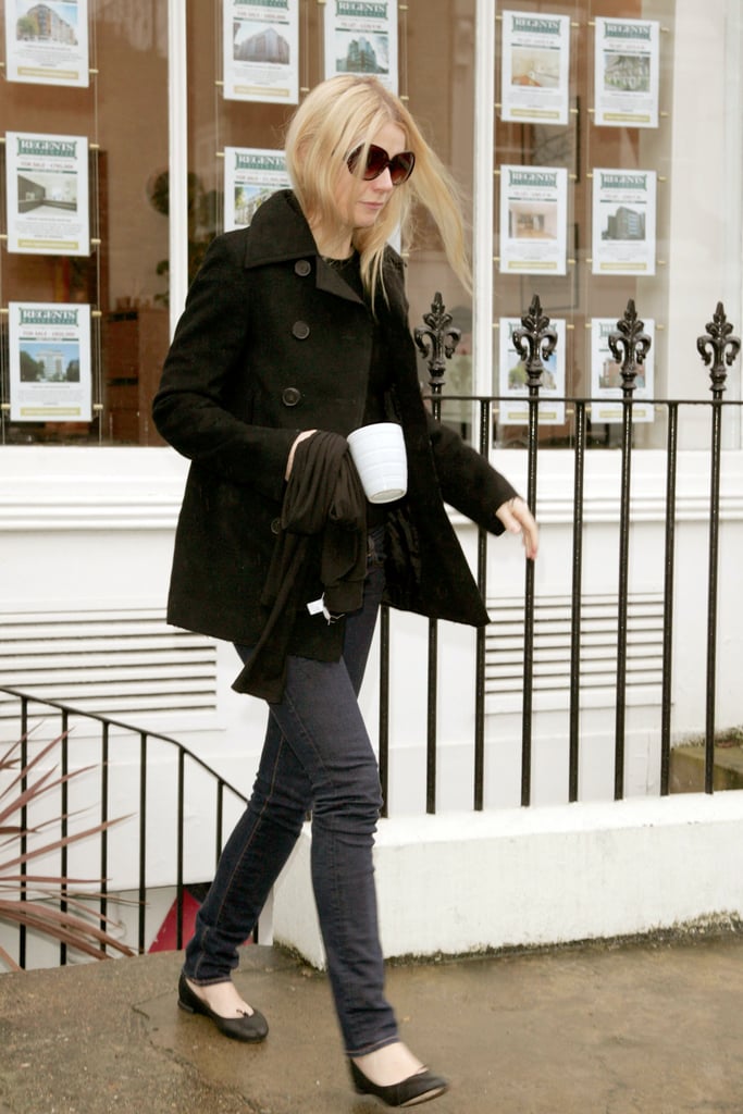Gwyneth Paltrow Wearing a Black Jacket and Flats