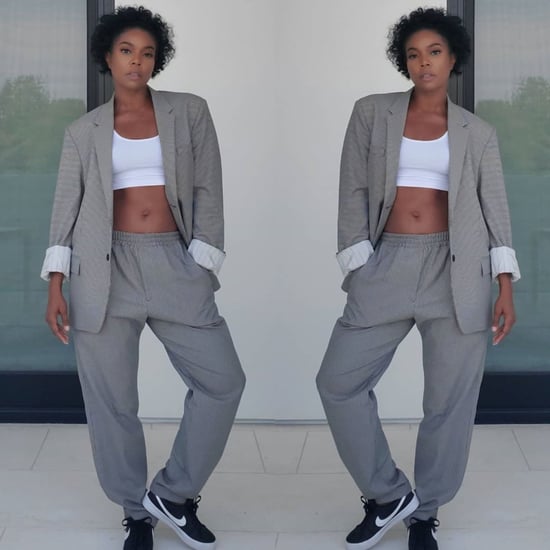 Gabrielle Union Wearing Dwyane Wade's Gray Sweats and Blazer