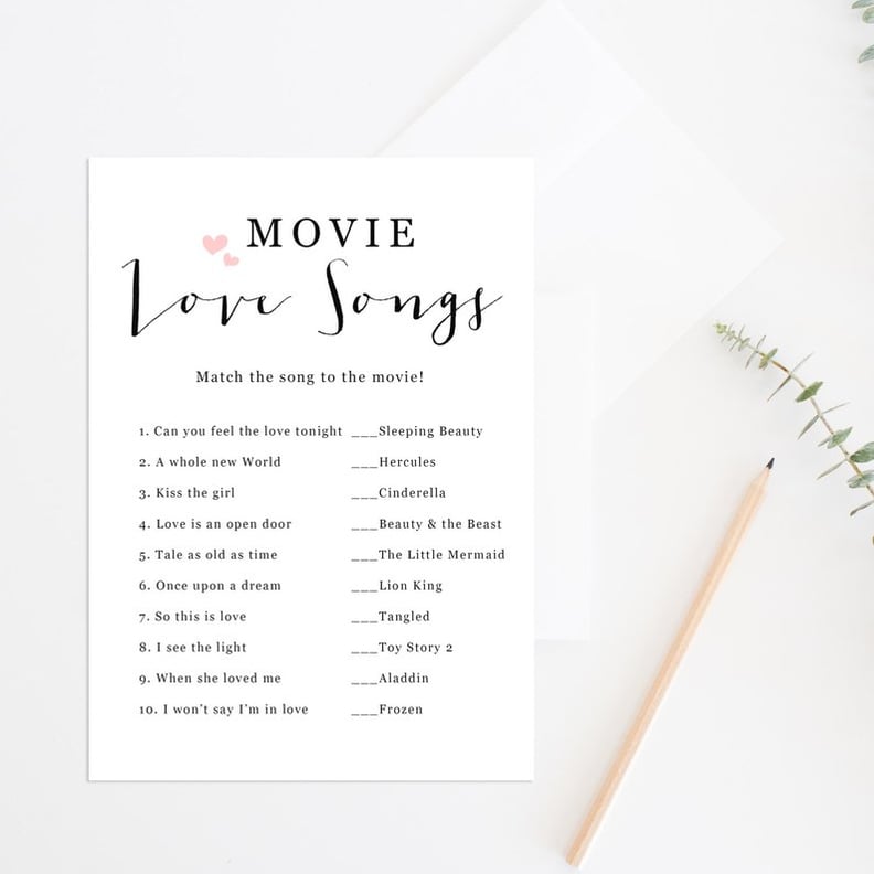 Guess the Movie Love Song Printable Bridal Shower Game