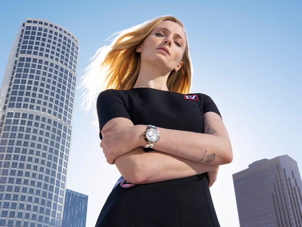 Sophie showed off her sporty side for the new Tambour Street Diver watch campaign. Believe it or not, this puppy is waterproof up to 300 feet, and retails for $5,605.