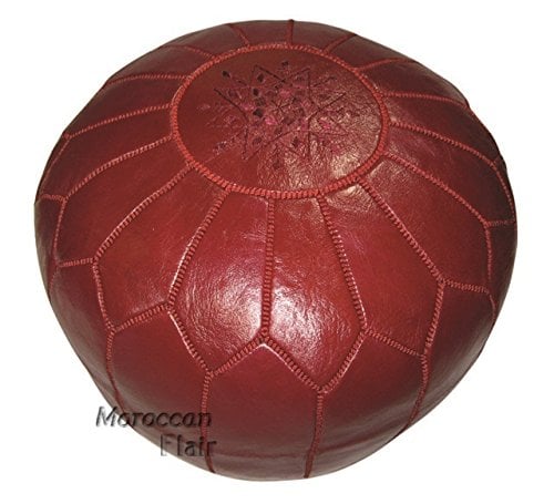 Moroccan Flair Leather Moroccan Pouf in Burgundy