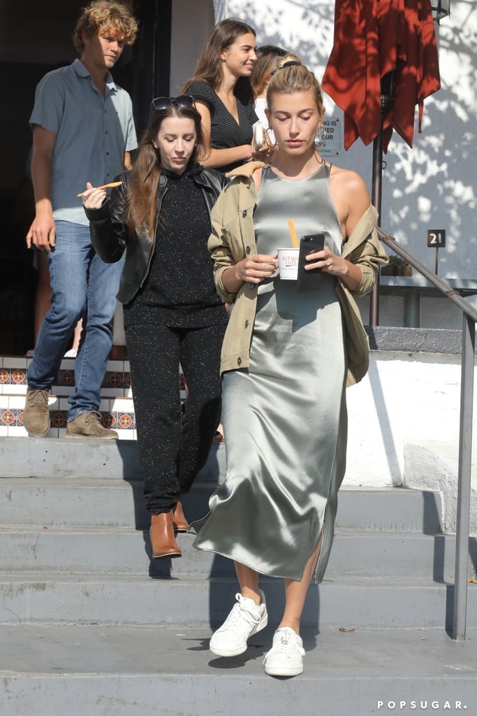 Hailey Baldwin Silver Slip Dress With Justin Bieber's Mom