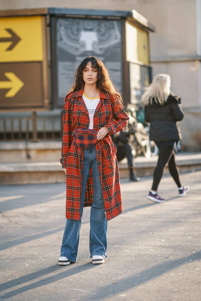 When you double up on prints in the coat and bag department, a white tee is an easy base.