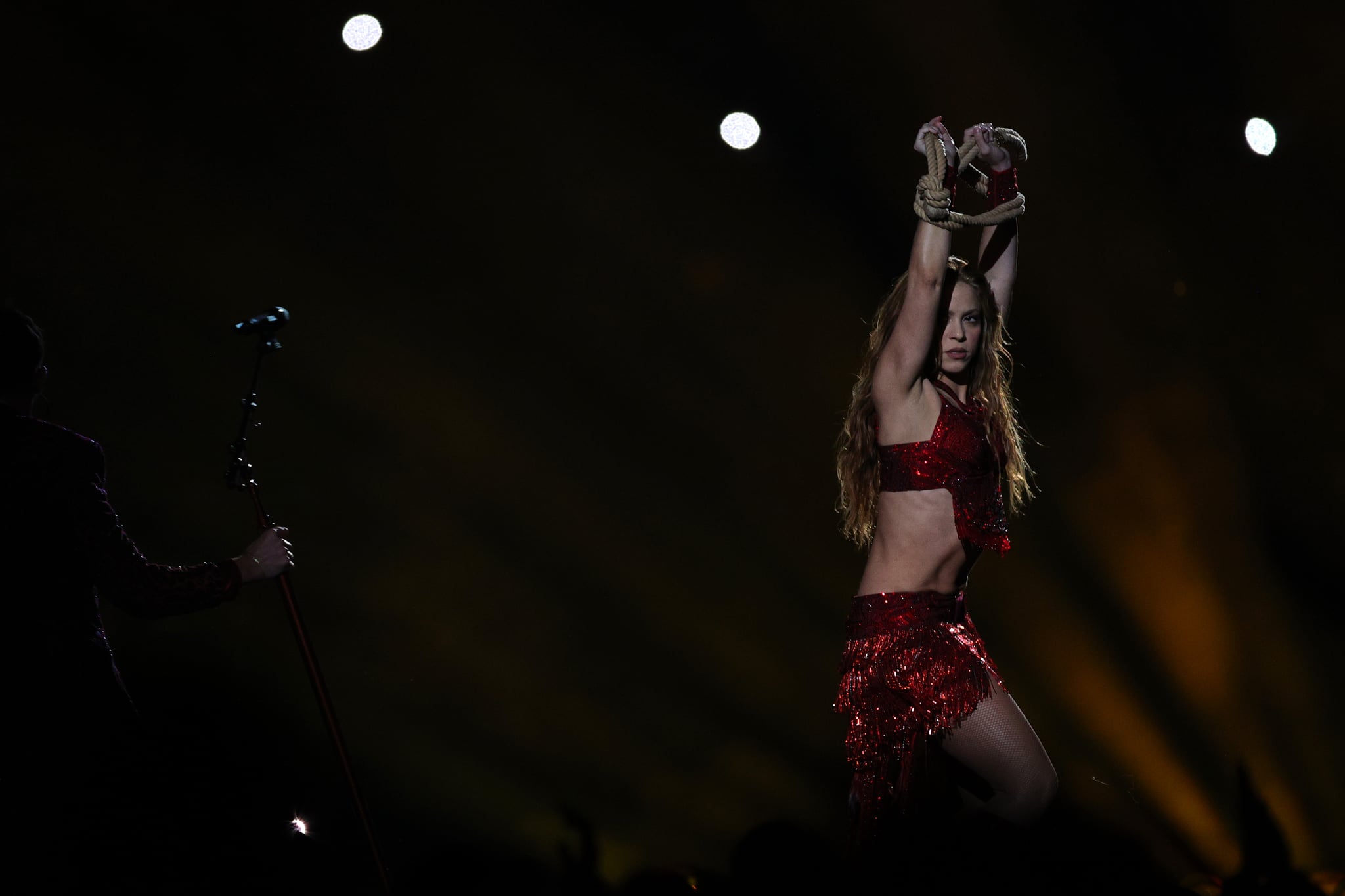 MIAMI, FLORIDA - FEBRUARY 02: Colombian singer Shakira performs during the Pepsi Super Bowl LIV Halftime Show at Hard Rock Stadium on February 02, 2020 in Miami, Florida. (Photo by Maddie Meyer/Getty Images)