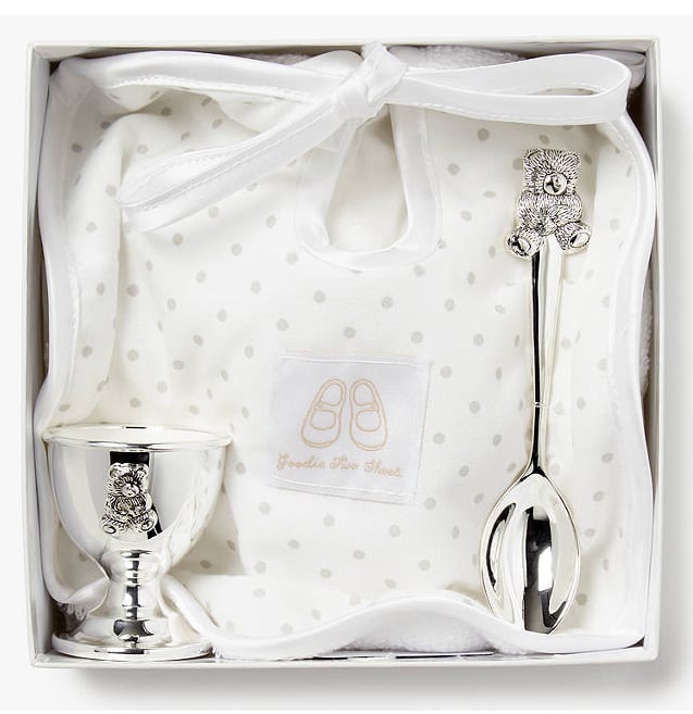 English Trousseau Silver-Plated Egg Cup and Spoon with Bib