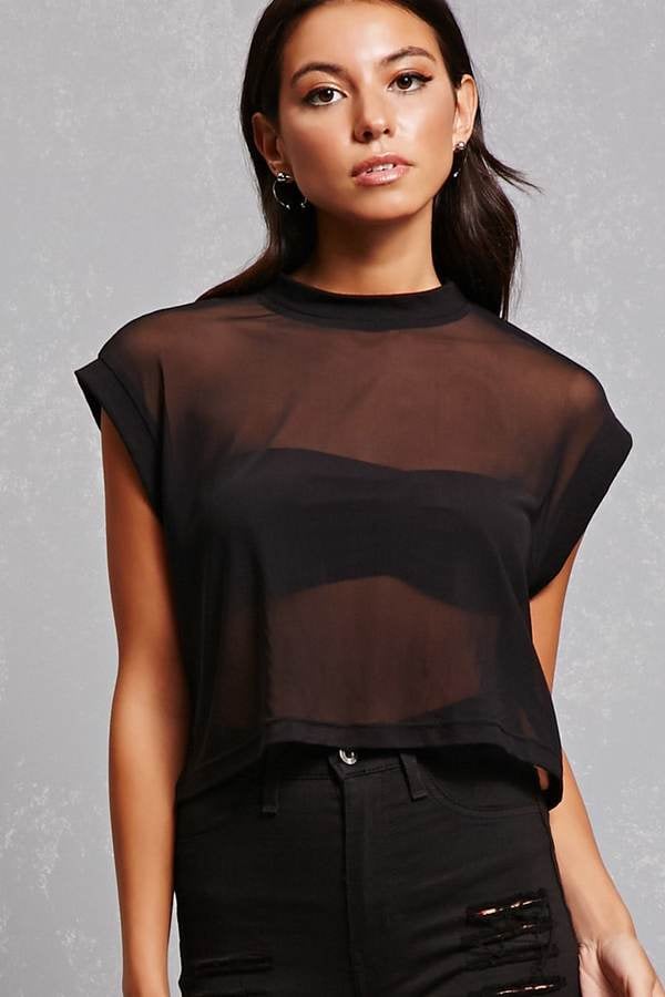 Black Angel Print Transparent Mesh Crop top