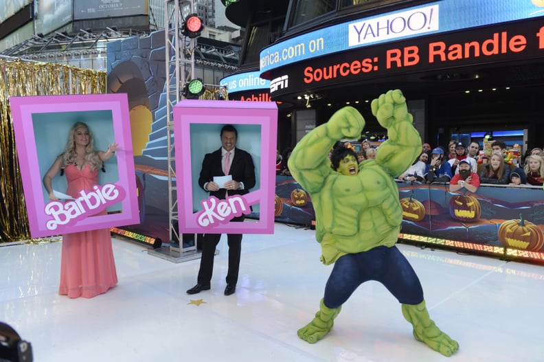 Sara Haines, Nick Lachey, and Ginger Zee, as Barbie, Ken, and The Hulk