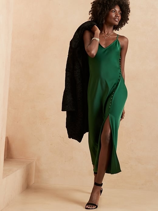 Banana Republic Factory Store Covered-Button Satin Midi Slip Dress