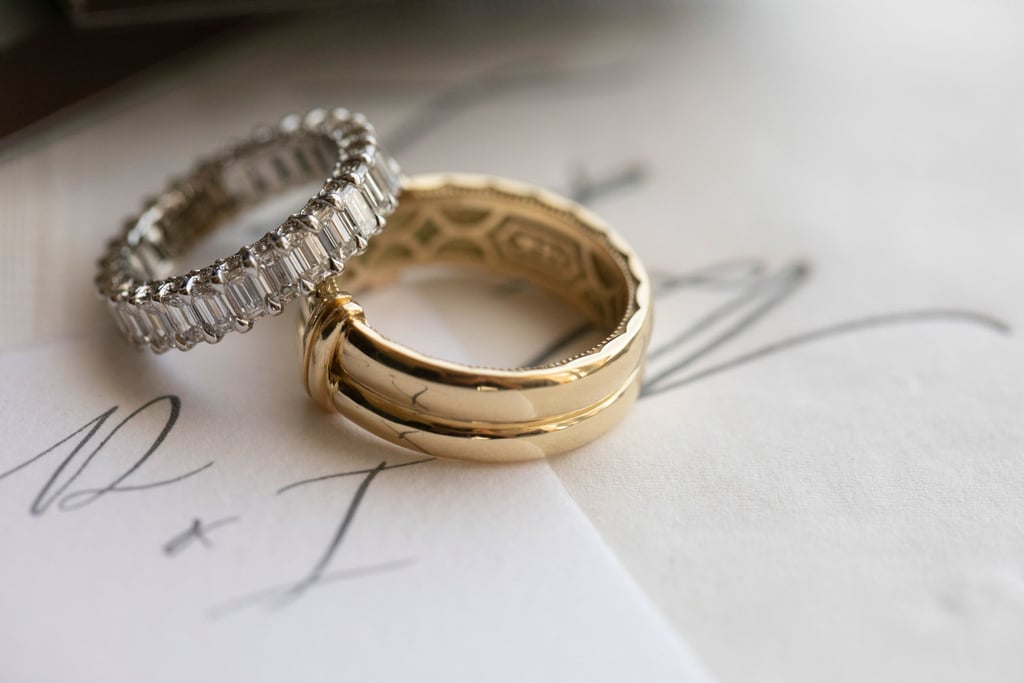 Dani wore an emerald cut eternity band by Tacori and Ian wore a custom designed yellow gold double band from the brand.
