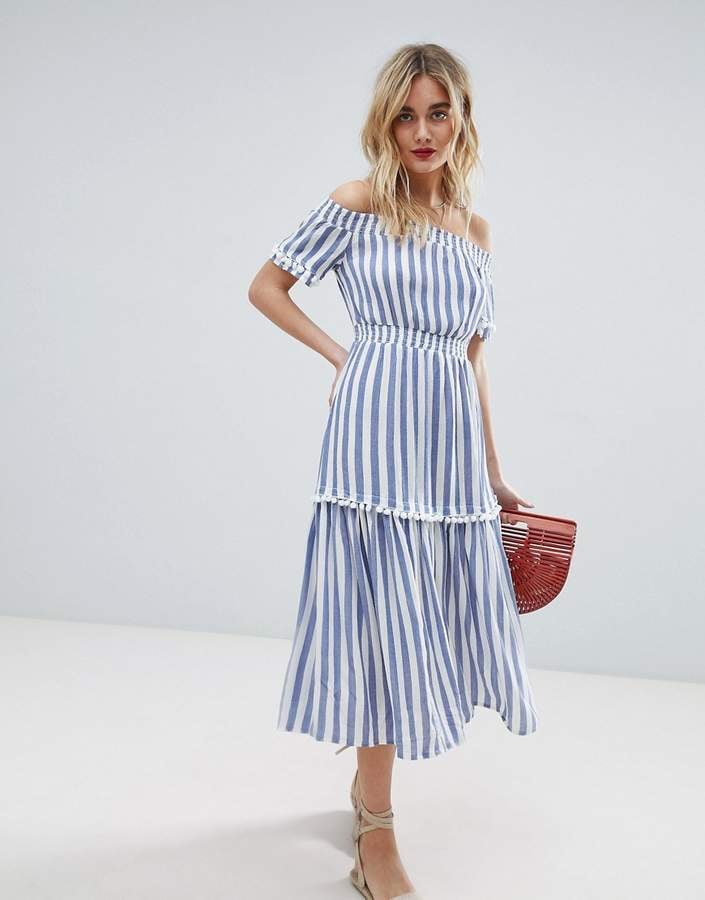 Warehouse Off-the-Shoulder Bardot Stripe Midi Dress