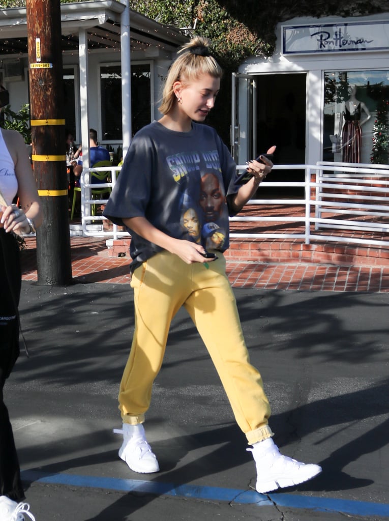 Hailey Baldwin Snoop Dogg Shirt and Yellow Sweatpants