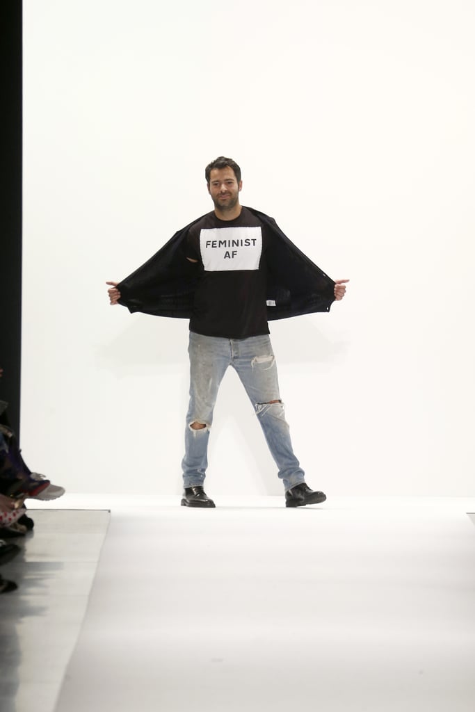 Jonathan Simkhai distributed "Feminist AF" tees at his runway show. They'll be available for purchase on his website, and he donated $5 per show seat to Planned Parenthood, backing the CFDA's initiative.