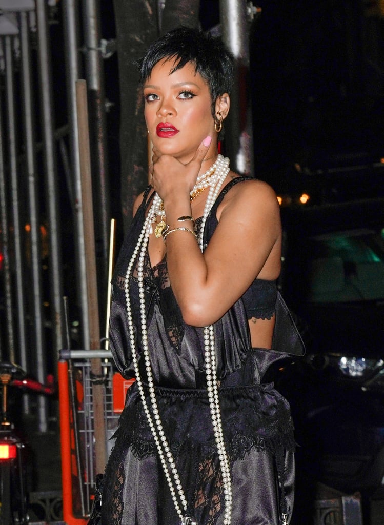 Rihanna Wears Black Lace Slip Dress For Dinner in NYC