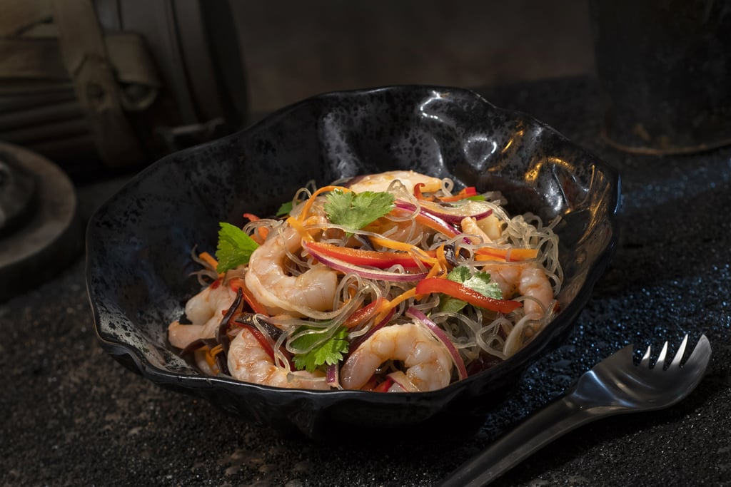 This Yobshrimp Noodle Salad, a marinated noodle salad with chilled shrimp, can be found at Docking Bay 7 Food and Cargo.