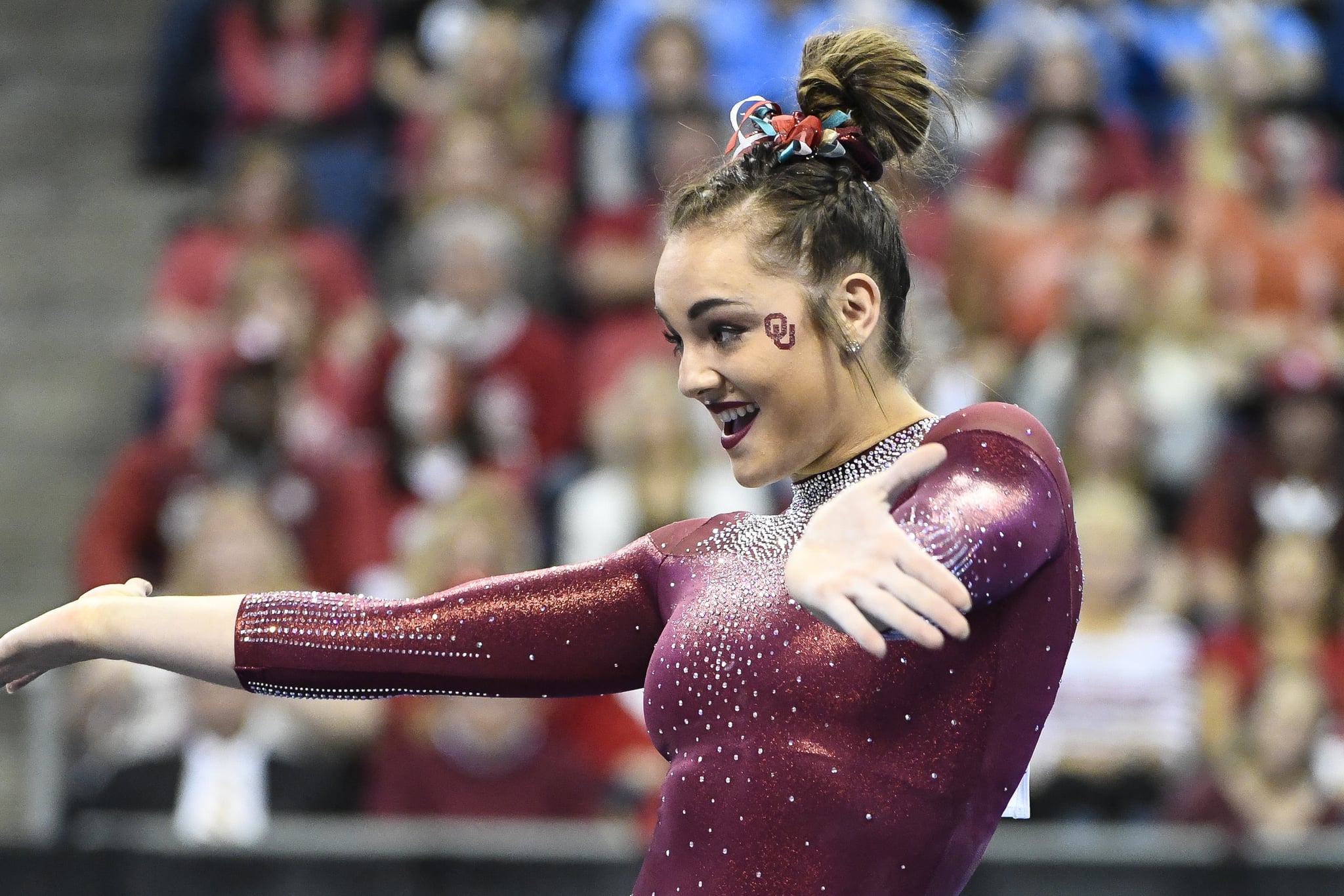 ST LOUIS, MO - APRIL 21: Maggie Nichols #511 of the University of Oklahoma performs a floor routine during the Division I Women's Gymnastics Championship held at Chaifetz Arena on April 21, 2018 in St Louis, Missouri. UCLA won with a score of 197.5625 points. (Photo by Tim Nwachukwu/NCAA Photos via Getty Images)