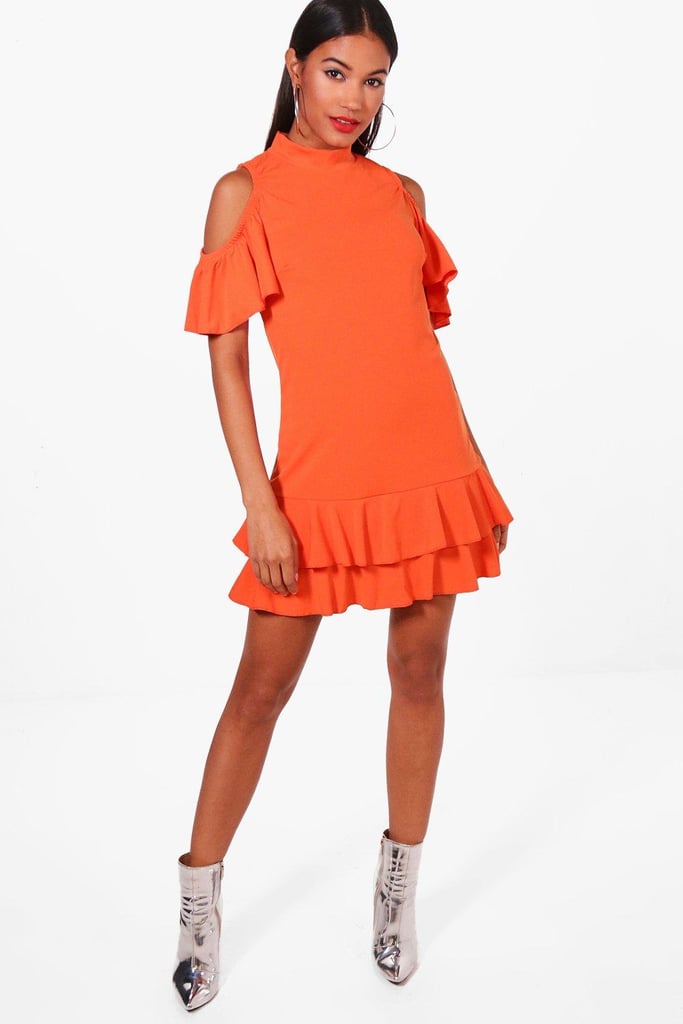 Boohoo Cold Shoulder Frill Hem Shift Dress