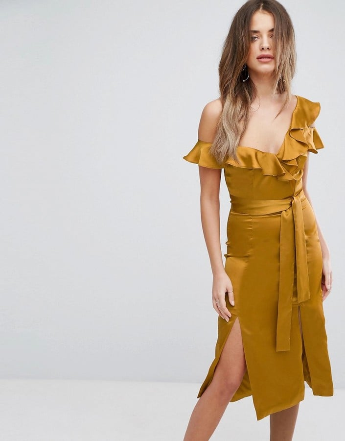 Lavish Alice Satin Asymmetric Frill Midi Dress