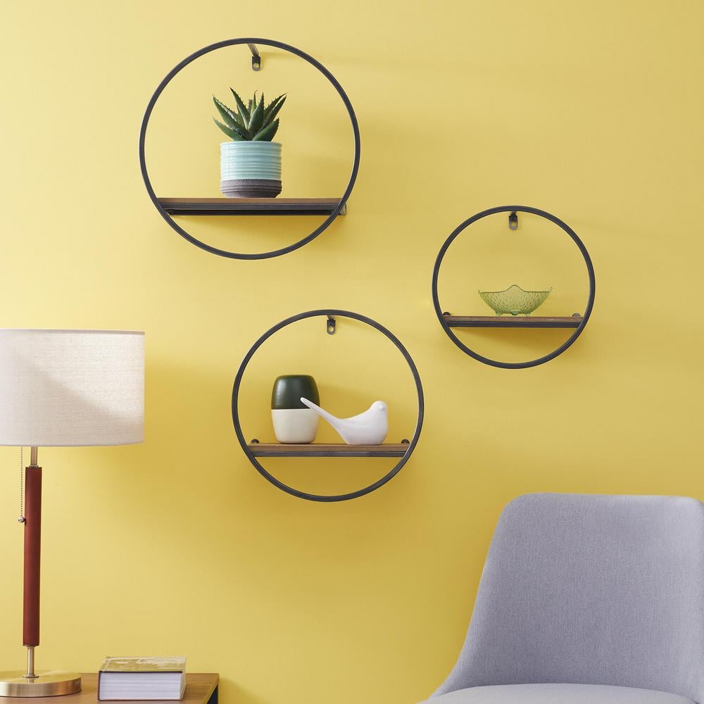 StyleWell Wood and Black Metal Wall-Mount Round Floating Shelf