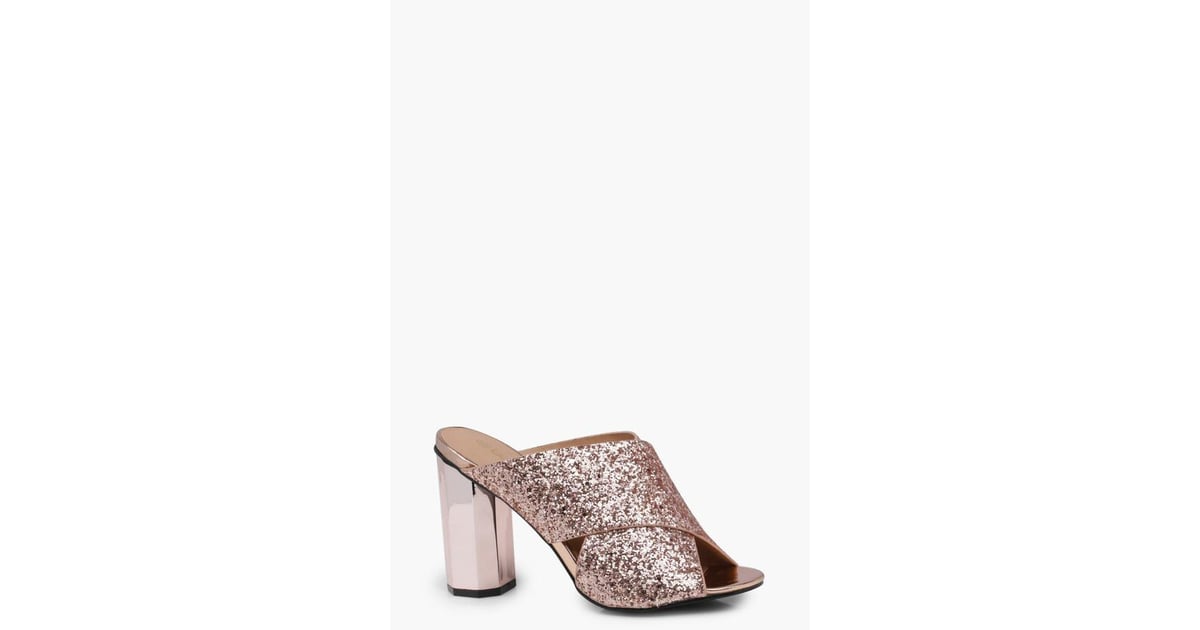 Boohoo Amelie Glitter Cross Strap Cylinder Mule Heels Glitter Shoes POPSUGAR Fashion Photo 3