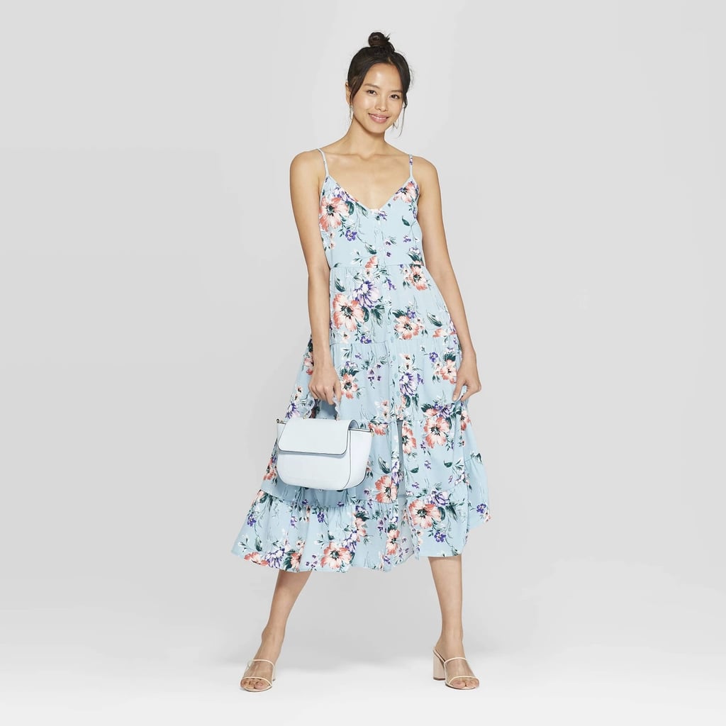 Floral Print Scoop Neck Strappy Button Front Tiered Midi Dress