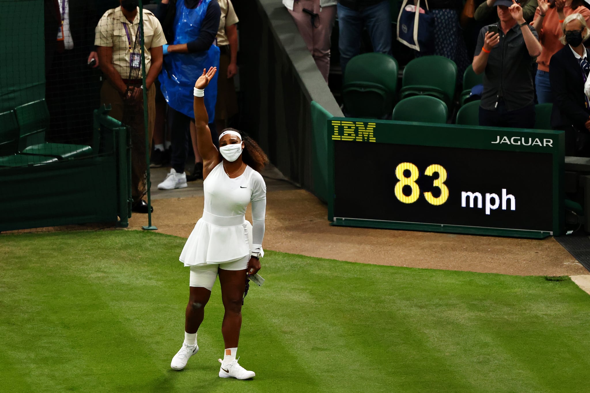 LONDON, ENGLAND - JUNE 29: Serena Williams of The United States waves to the fans as she leaves the court after retiring from the match with an injury in her Ladies' Singles First Round match against Aliaksandra Sasnovich of Belarus during Day Two of The Championships - Wimbledon 2021 at All England Lawn Tennis and Croquet Club on June 29, 2021 in London, England. (Photo by Julian Finney/Getty Images)