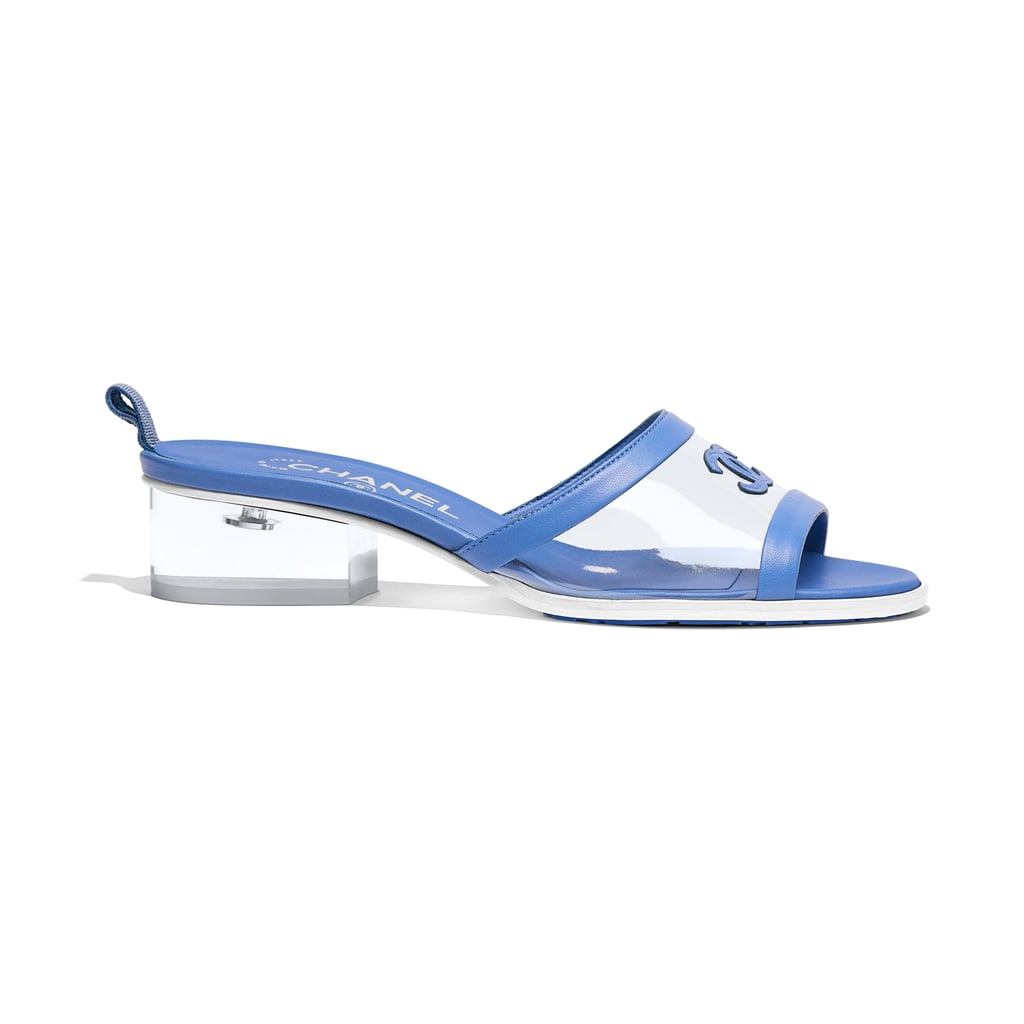 Chanel PVC & Lambskin Transparent & Blue Mules