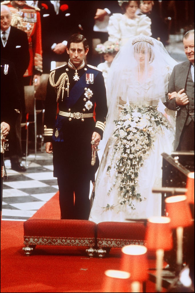 Diana's dress, designed by Elizabeth and David Emanuel, featured 10,000 tiny mother of pearl sequins and pearls, and a 25-foot-long train. During the ceremony, Diana made history as the first royal bride to omit the word "obey" from her vows.