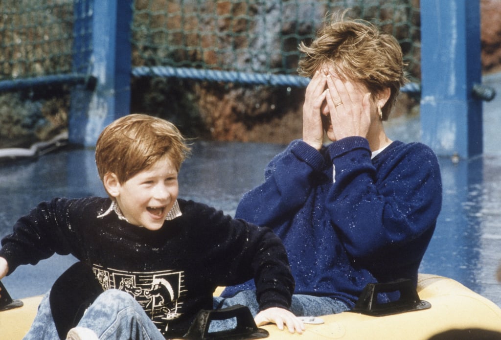 Prince Harry and his mum had fun on the Depth Charge ride at Thorpe Park in April 1992.