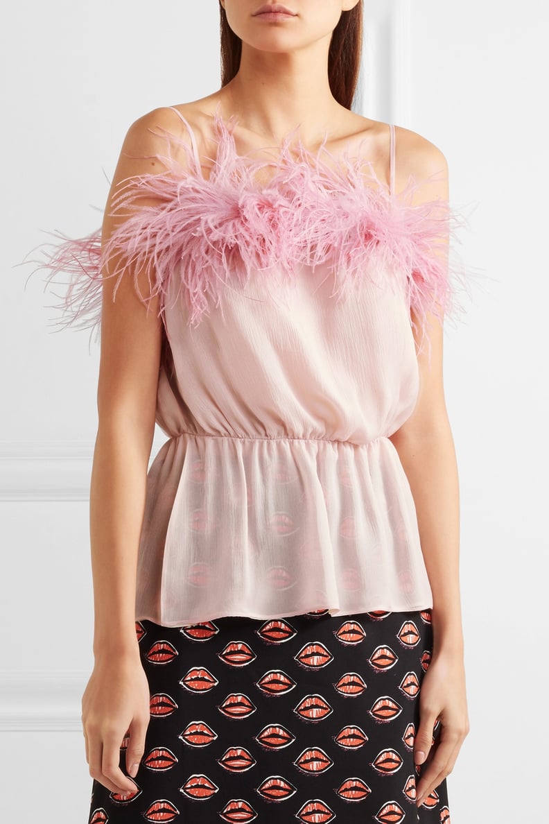 Prada Feather-Trimmed Crinkled Silk-Chiffon Camisole - Pink