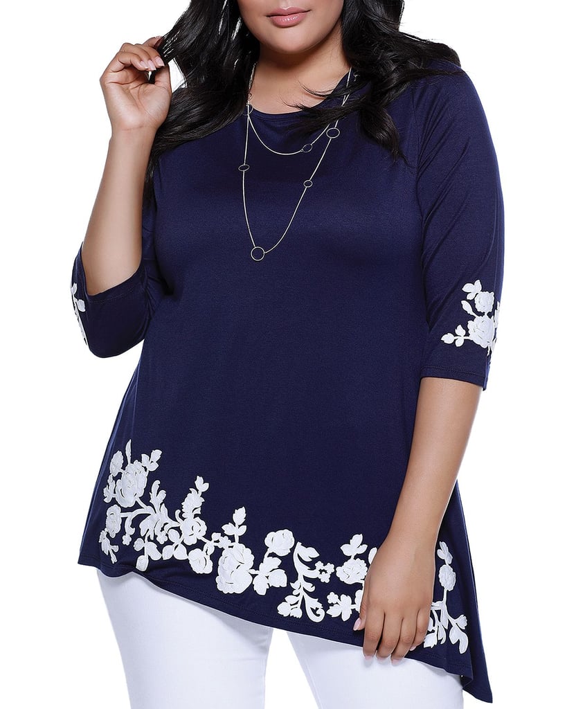Belldini Asymmetric Floral Appliqué Tunic