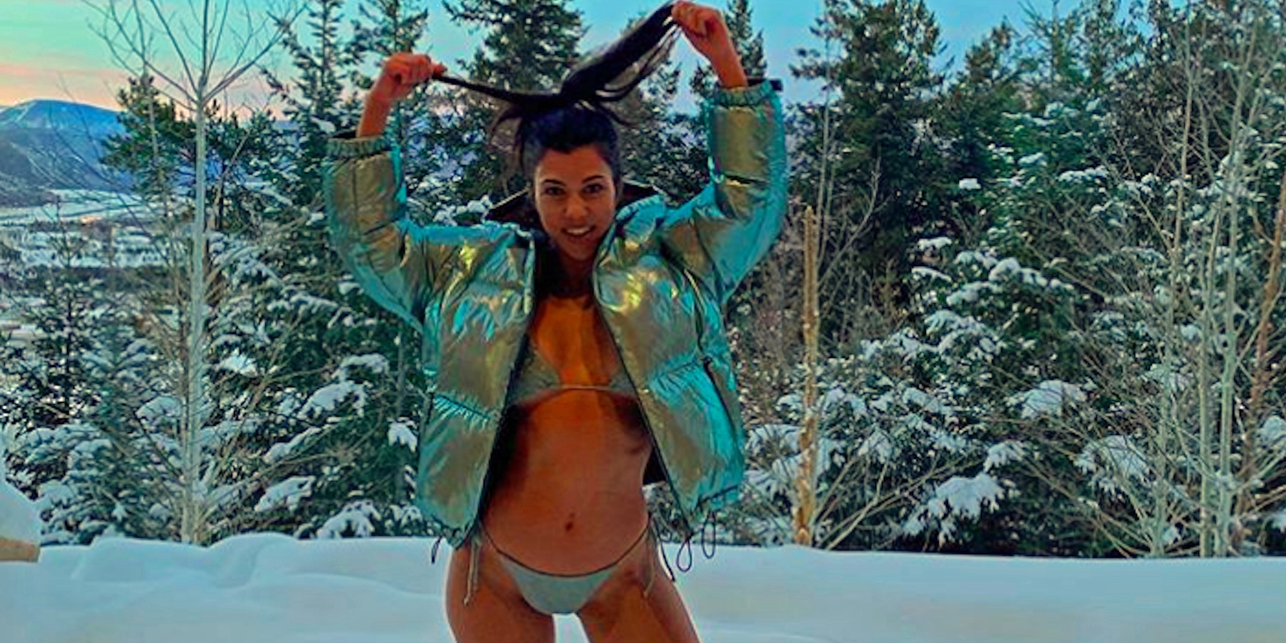 Kourtney Kardashian Silver Bikini and Bomber in the Snow