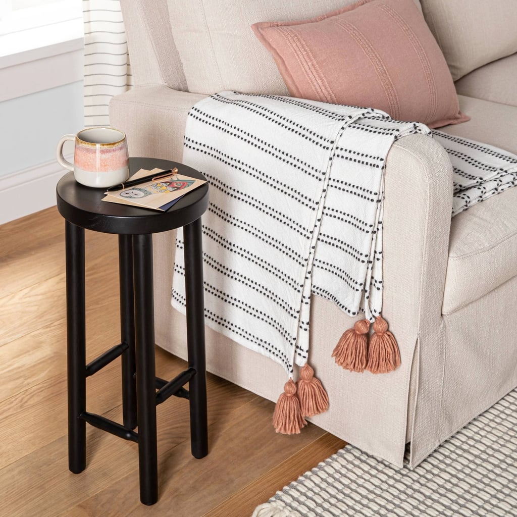 Stripe Tassel Throw Blanket in Sour Cream/Dark Gray With Pink Tassels