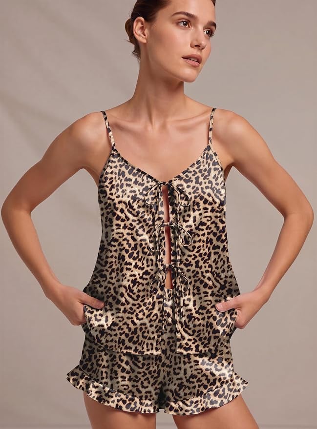 EKOUAER Bow Tie Front Silk Pajama Set