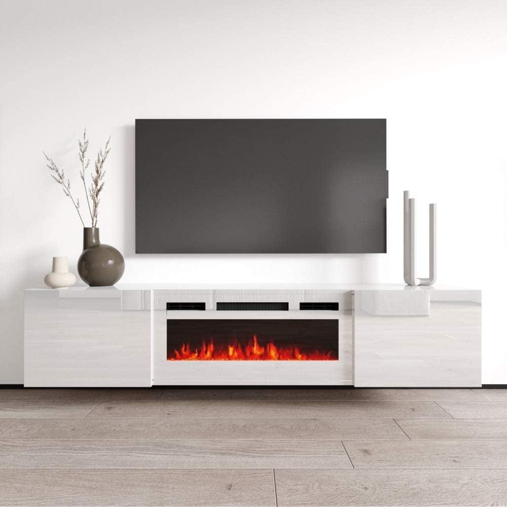 A Floating TV Stand with Fireplace: Meble Furniture Cali Wall Mounted Electric Fireplace TV Stand
