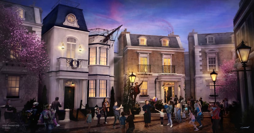 Epcot's United Kingdom pavilion will welcome the first attraction inspired by Mary Poppins. Guests will step in time down Cherry Tree Lane past Admiral Boom's house, then enter Number 17, home of the Banks family, where their adventure will begin. (Disney
