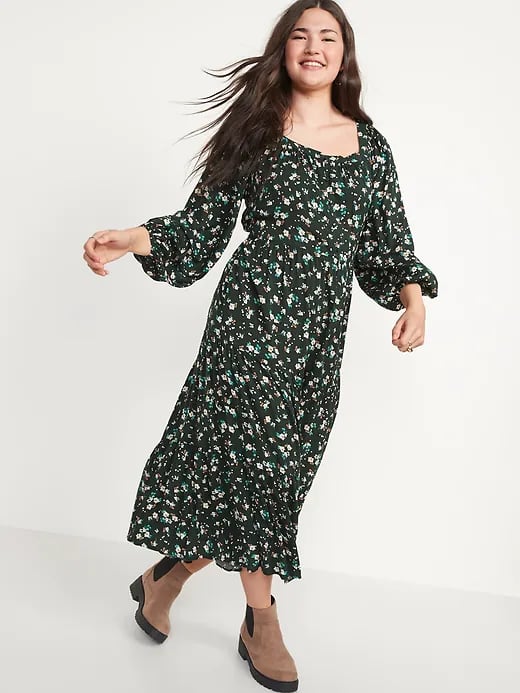 Old Navy Long-Sleeve Tiered Floral Midi Swing Dress