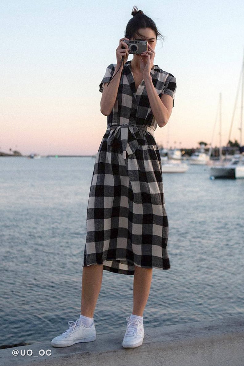 Plaid Print Puff Sleeve Belted Midi Dress