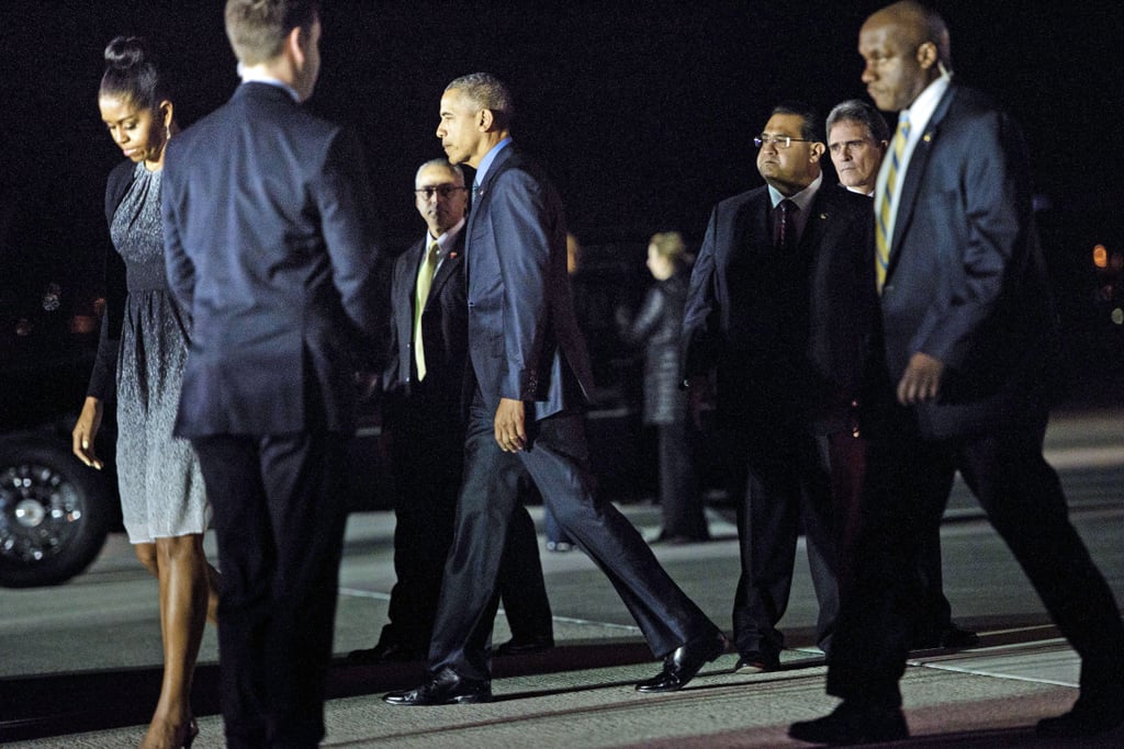 Michelle's knee-length dress featured an A-line silhouette and an ombré speckled print.