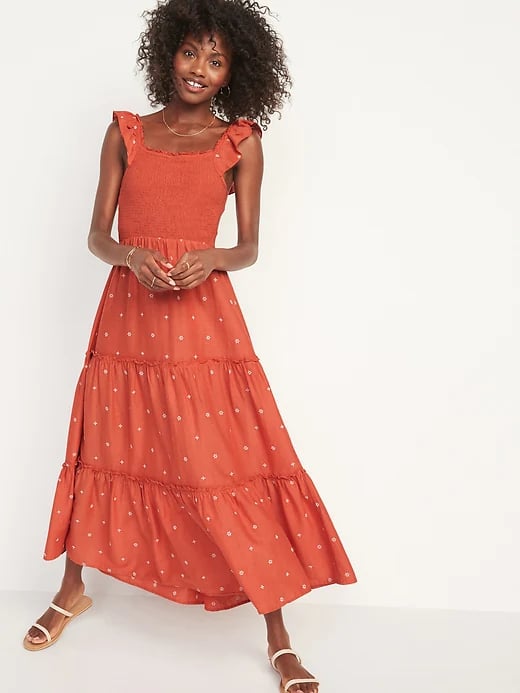Old Navy Fit and Flare Smocked Embroidered Midi Dress