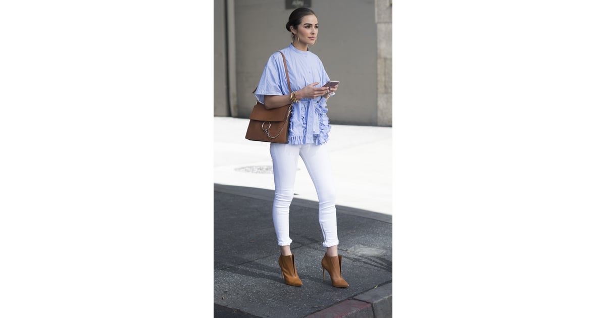 With a Ruffled Blouse, Brown Ankle Boots, and a Matching Bag How to