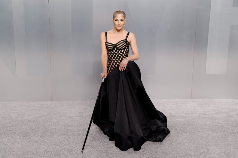 Selma Blair attends the 2026 Vanity Fair Oscar Party wearing black gown and cane.