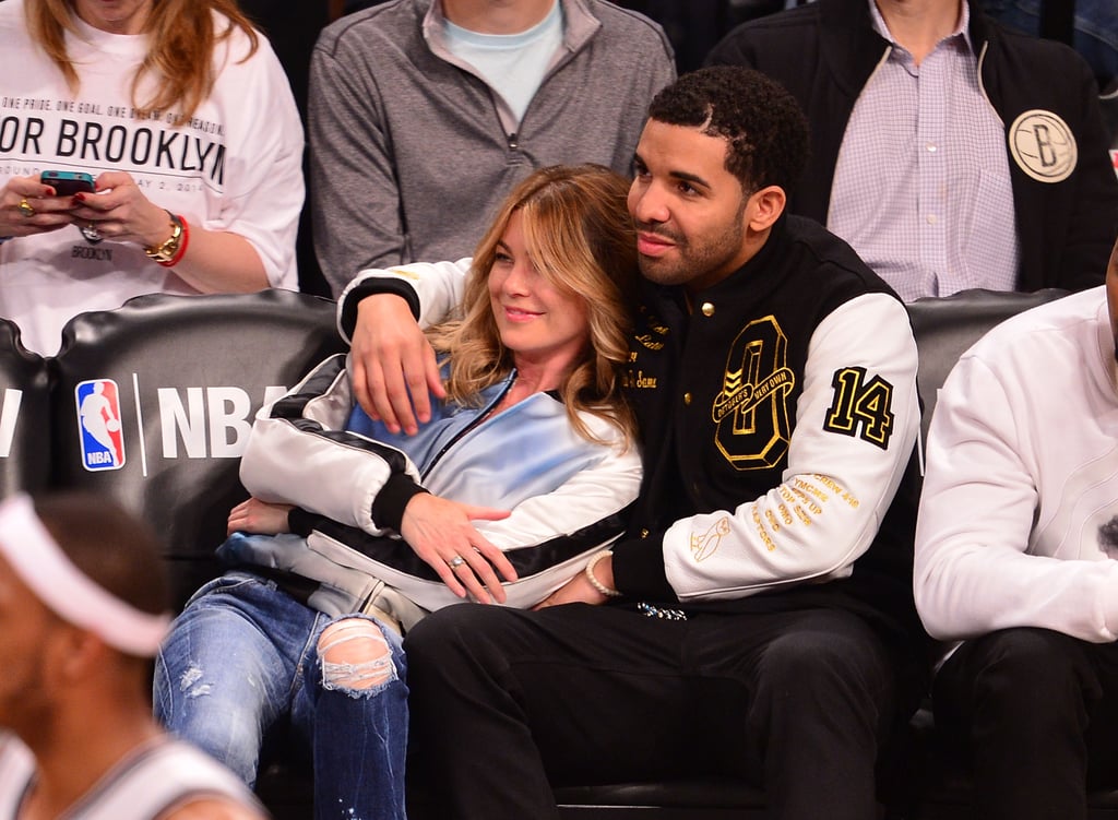 Drake and Ellen Pompeo at a Brooklyn Nets Game