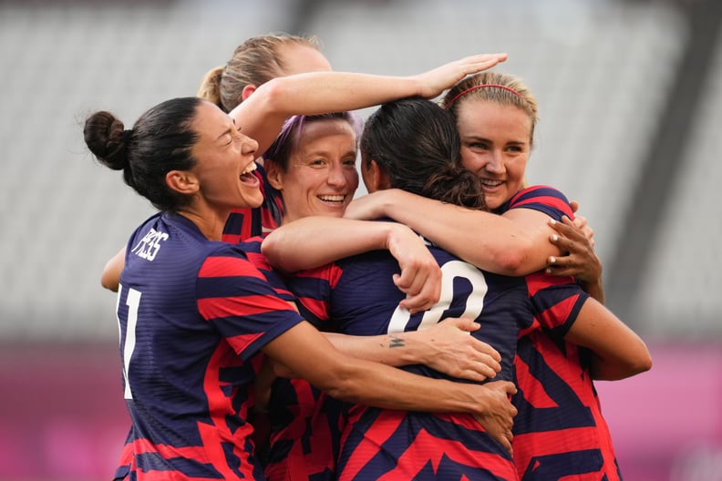 KASHIMA, JAPAN - AUGUST 5: Carli Lloyd #10 of the United States celebrates scoring with teammates during a game between Australia and USWNT at Kashima Soccer Stadium on August 5, 2021 in Kashima, Japan. (Photo by Brad Smith/ISI Photos/Getty Images)