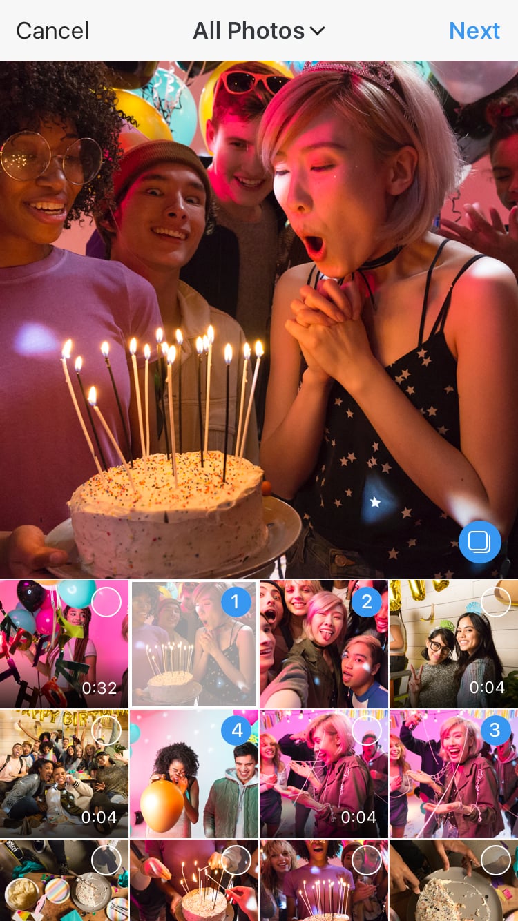 Tap the upload icon and then tap the small box icon to choose several photos and videos.